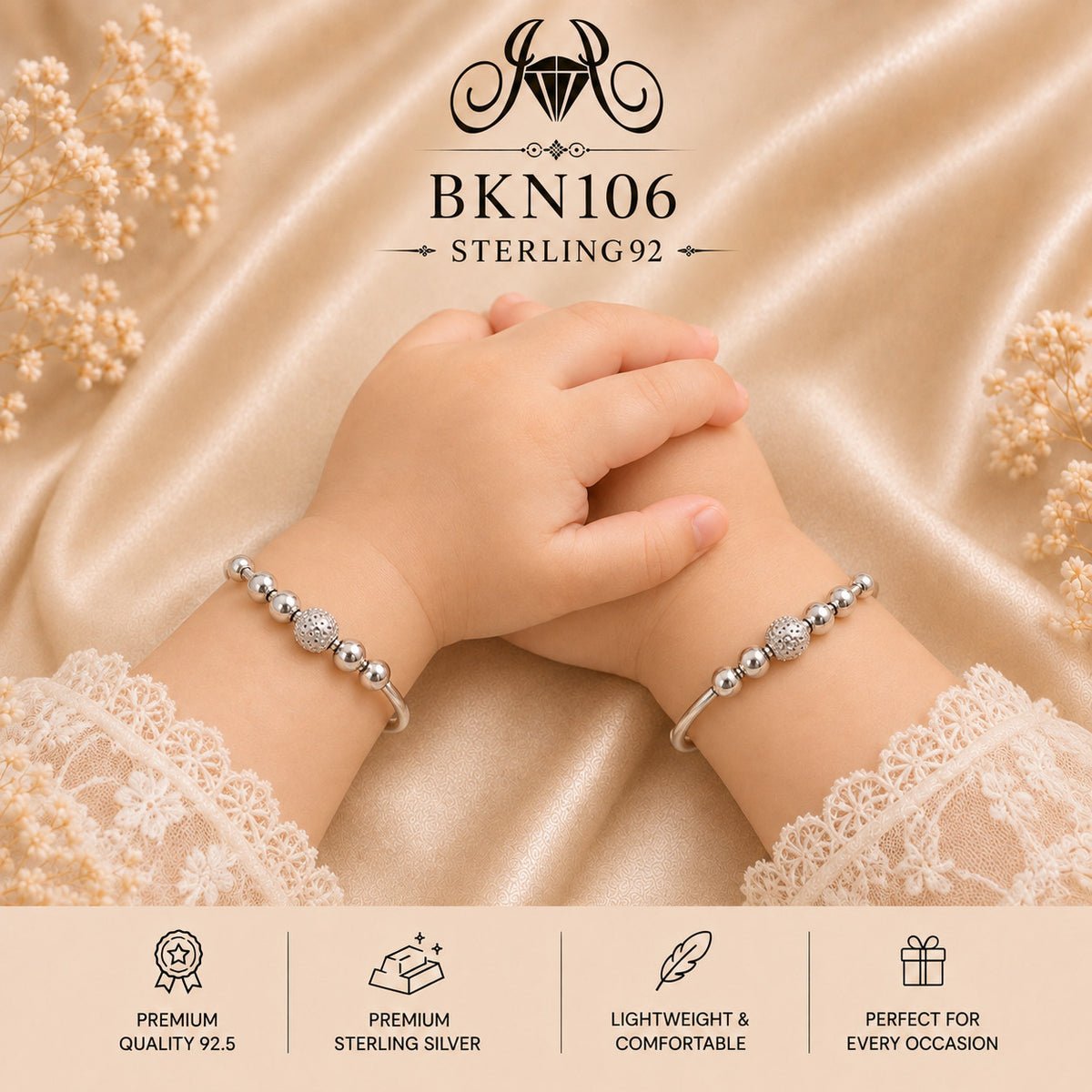BKN106 92.5 Sterling Silver Bacha Kangan wearing view