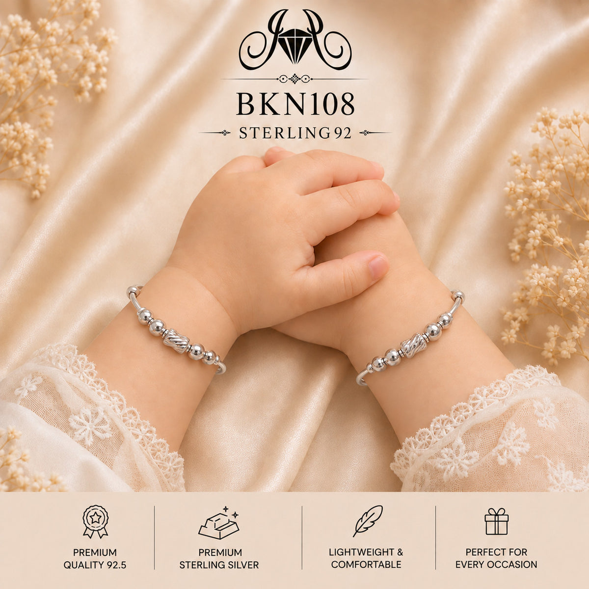 BKN108 92.5 Sterling Silver Bacha Kangan wearing view