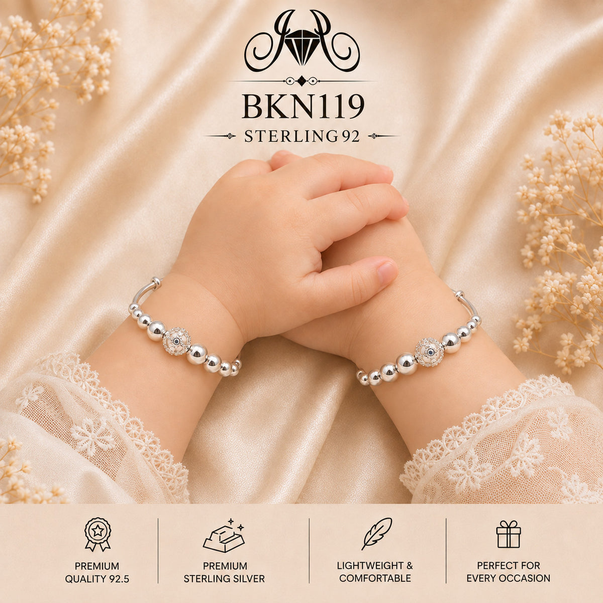 BKN119 92.5 Sterling Silver Bacha Kangan wearing view