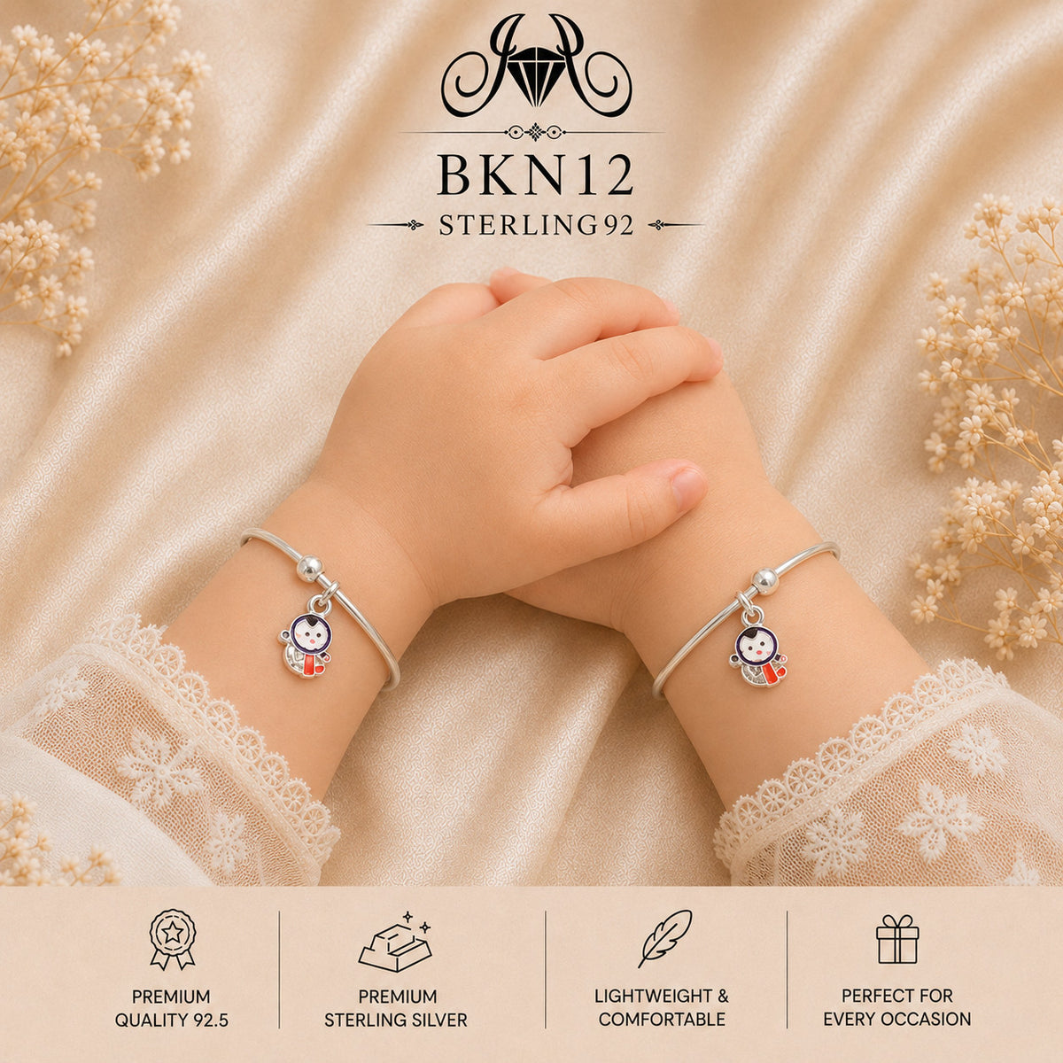 BKN12 92.5 Sterling Silver Bacha Kangan wearing view