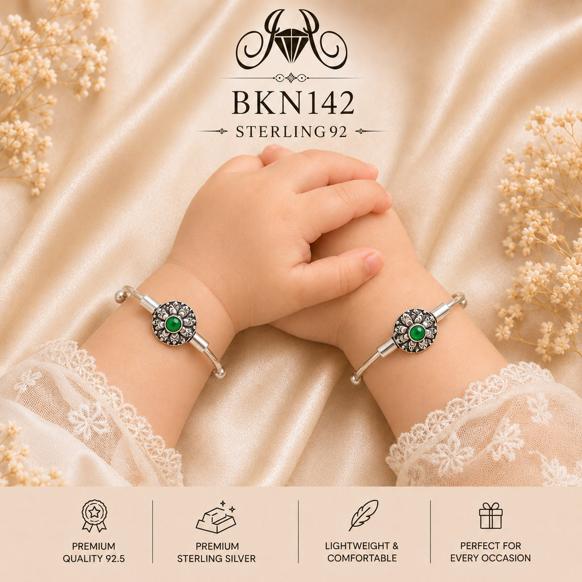 BKN142 92.5 Oxidized Sterling Silver Bacha Kangan wearing view