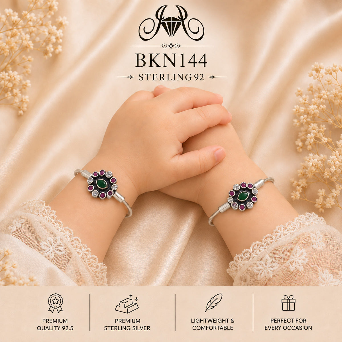 BKN144 92.5 Oxidized Sterling Silver Bacha Kangan wearing view