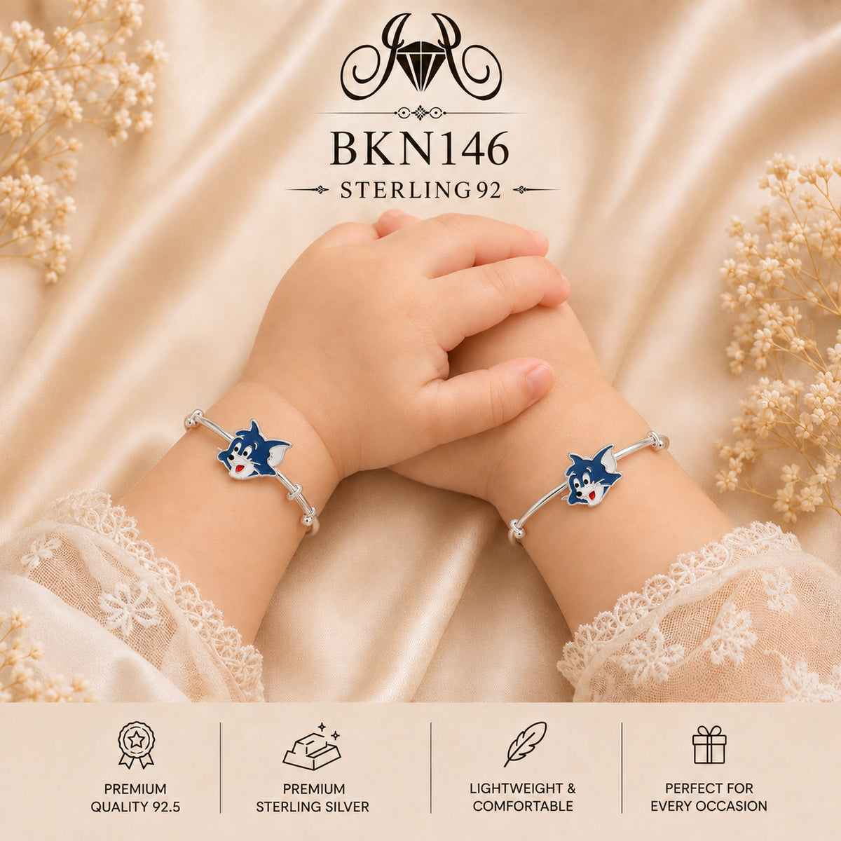 BKN146 92.5 Sterling Silver Bacha Kangan wearing view
