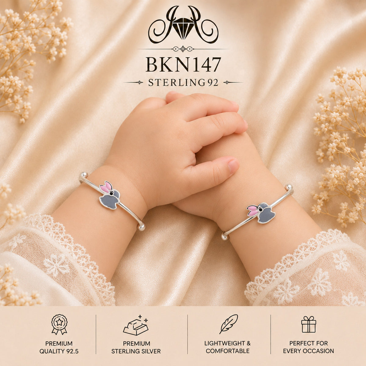 BKN147 92.5 Sterling Silver Bacha Kangan wearing view