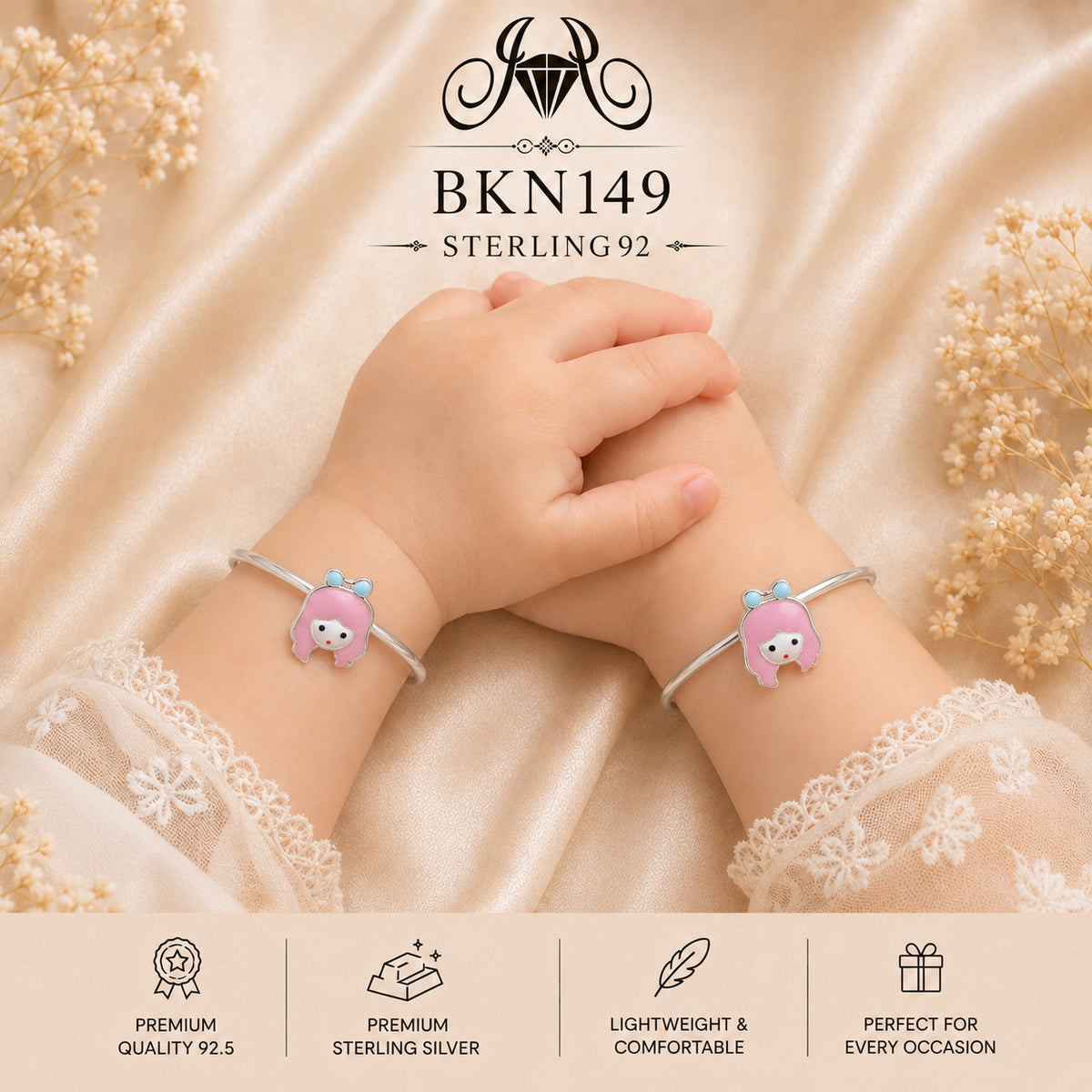 BKN149 92.5 Sterling Silver Bacha Kangan wearing view