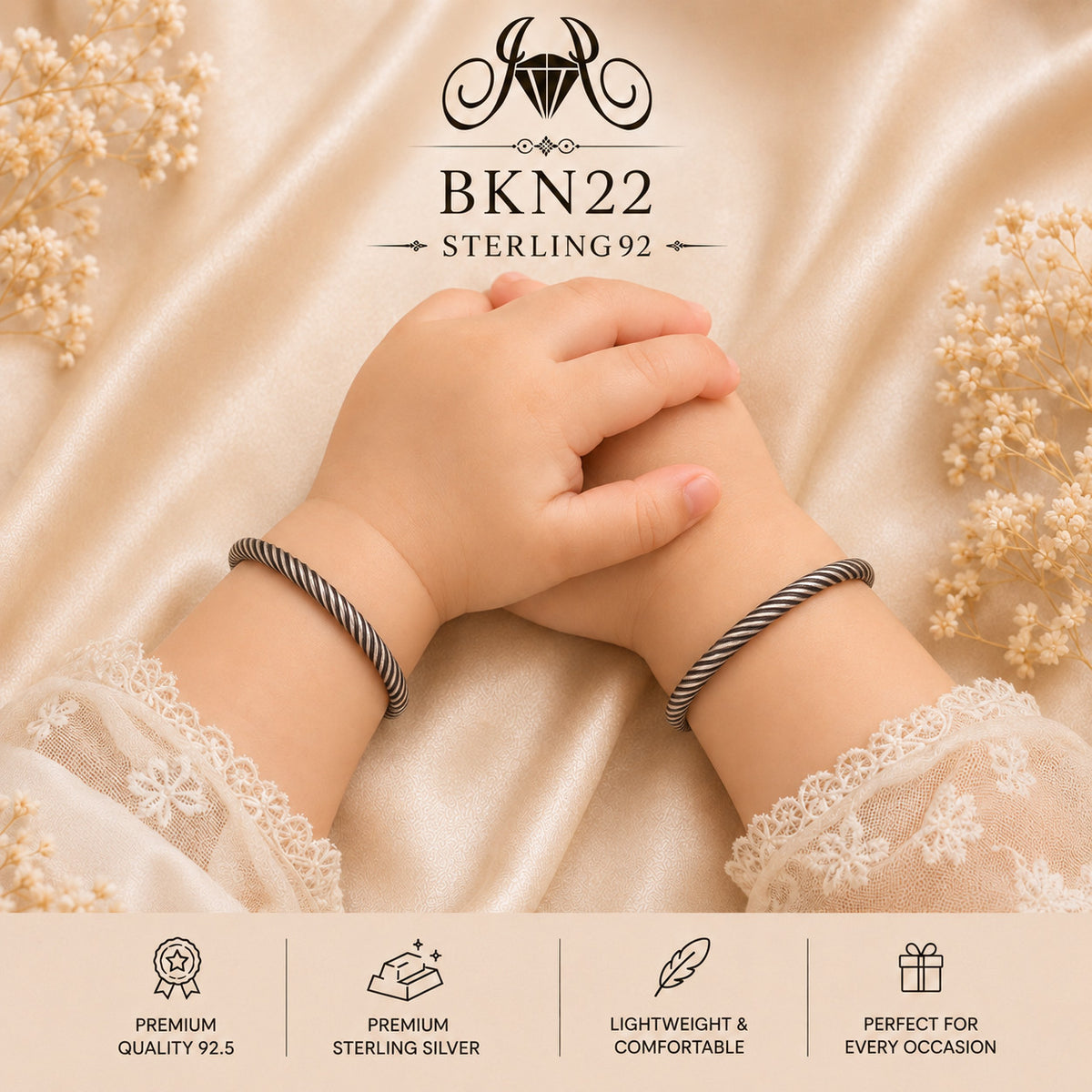 BKN22 92.5 Oxidized Sterling Silver Bacha Kangan wearing view