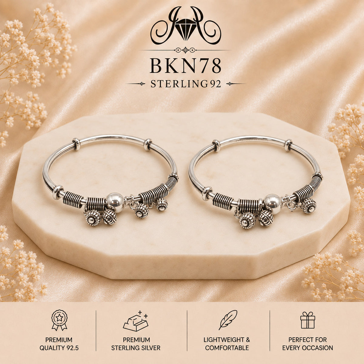 BKN78 92.5 Oxidized Sterling Silver Bacha Kangan portrait
