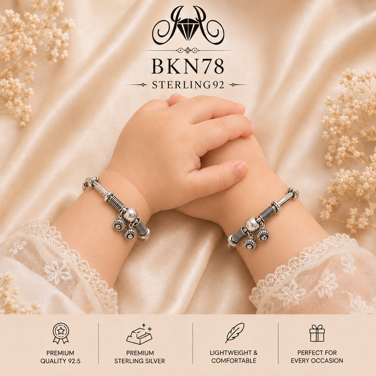 BKN78 92.5 Oxidized Sterling Silver Bacha Kangan wearing view
