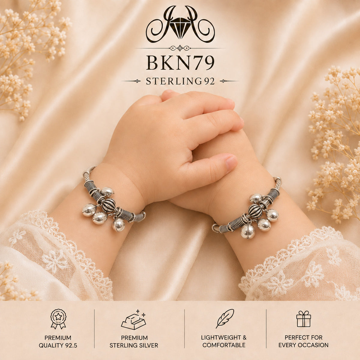 BKN79 92.5 Oxidized Sterling Silver Bacha Kangan wearing view