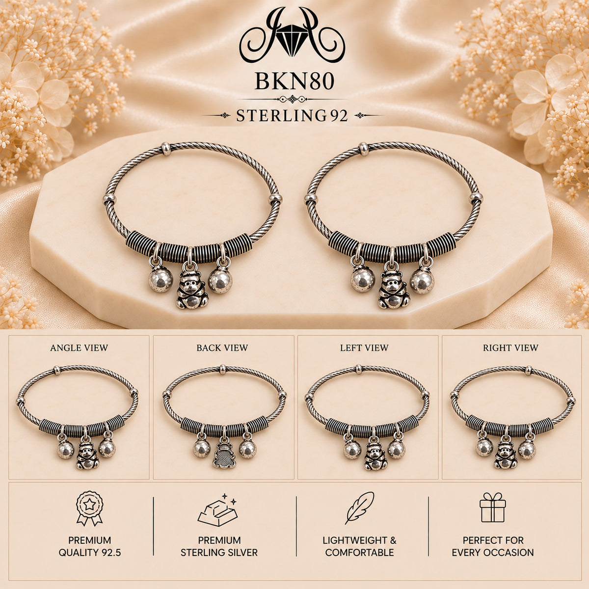 BKN80 92.5 Oxidized Sterling Silver Bacha Kangan collage