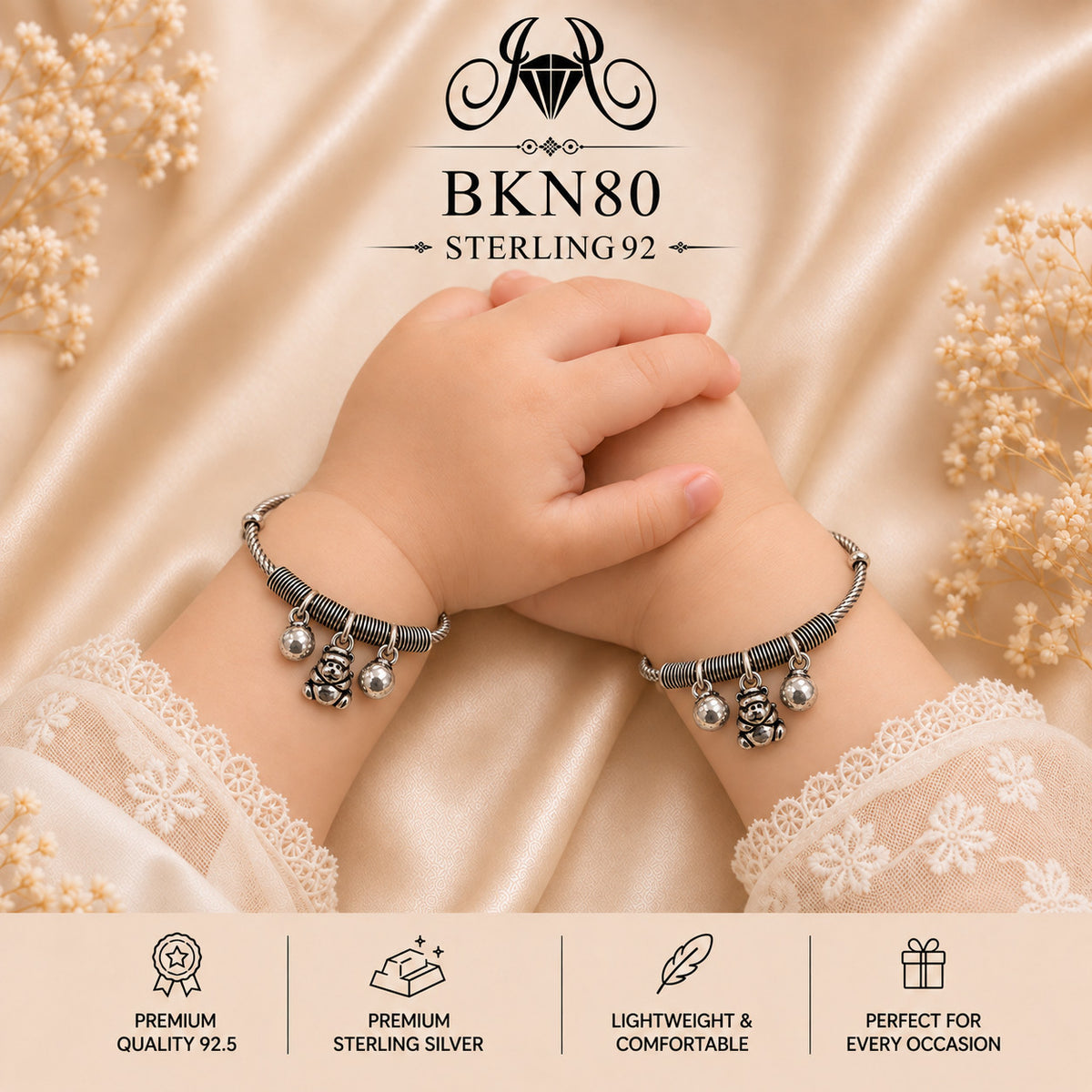 BKN80 92.5 Oxidized Sterling Silver Bacha Kangan wearing view