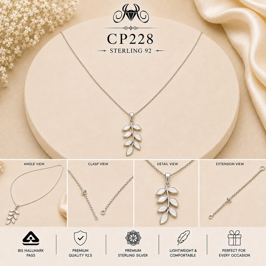 CP228 925 Sterling Silver Leaf Branch Pendant Chain collage