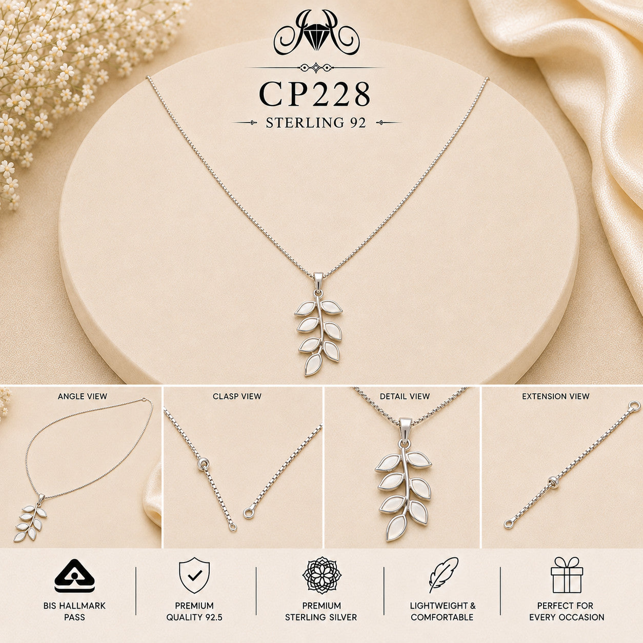 CP228 925 Sterling Silver Leaf Branch Pendant Chain collage