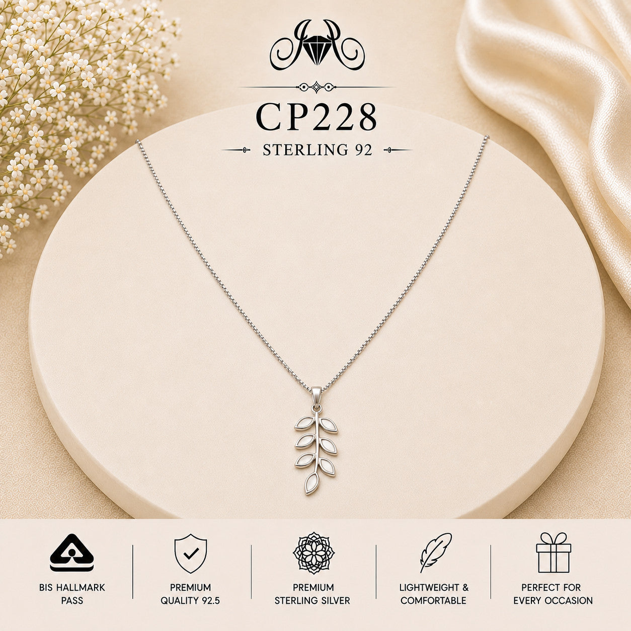 CP228 925 Sterling Silver Leaf Branch Pendant Chain portrait