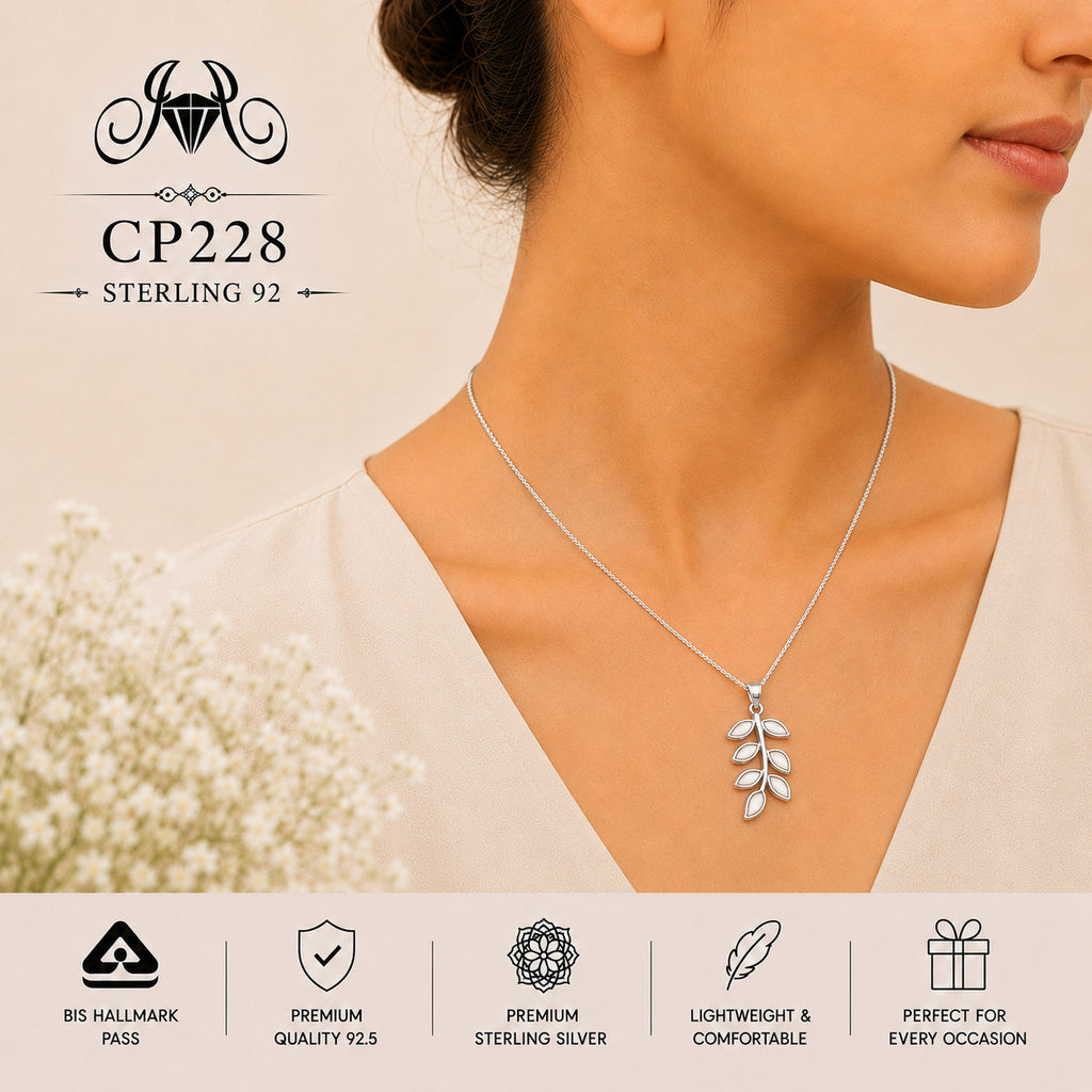 CP228 925 Sterling Silver Leaf Branch Pendant Chain wearing