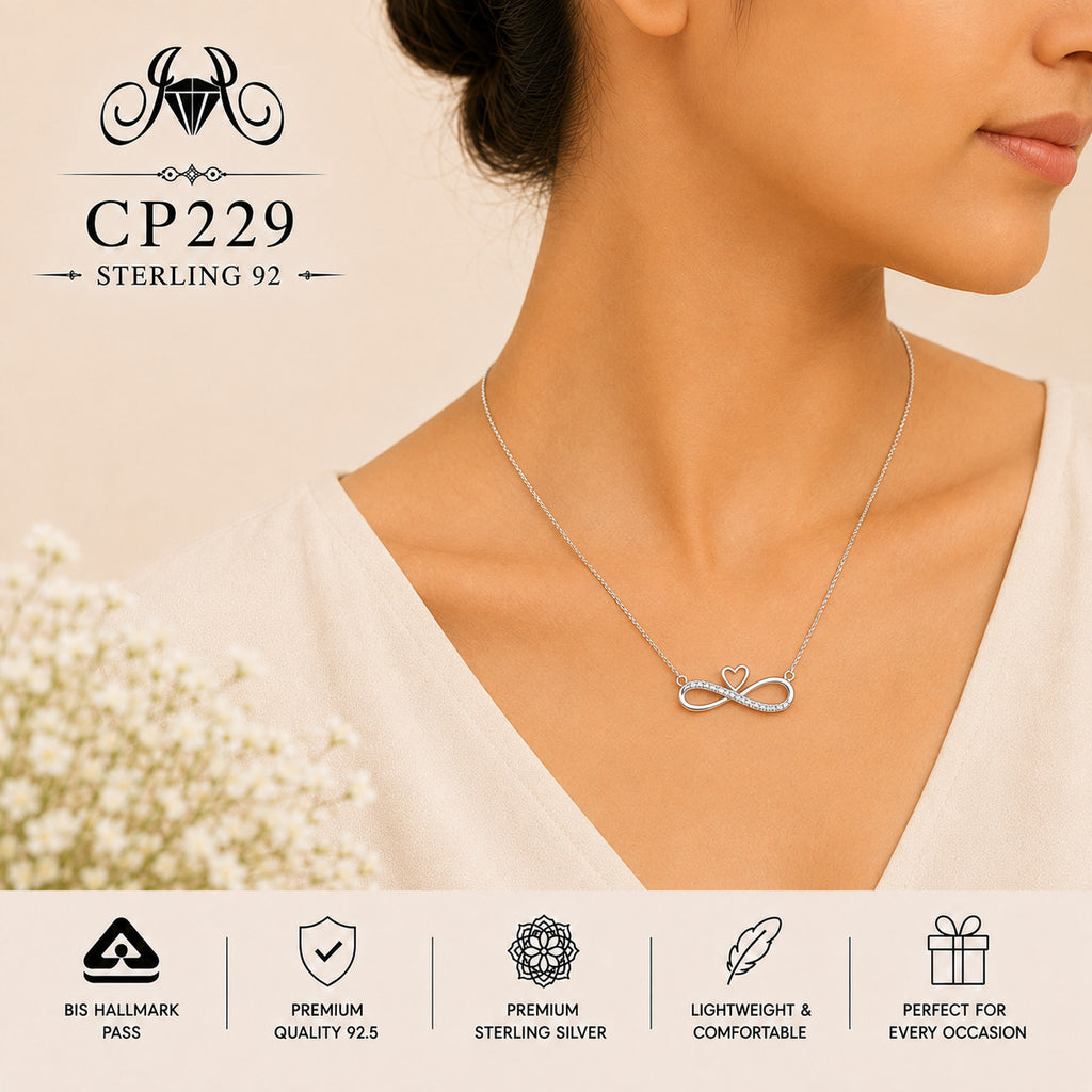 CP229 925 Sterling Silver Infinity Heart Pendant Chain wearing