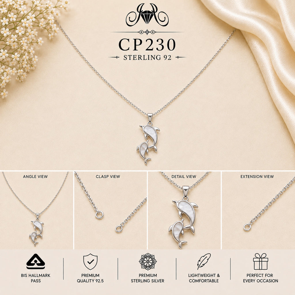 CP230 925 Sterling Silver Double Dolphin Pendant Chain collage