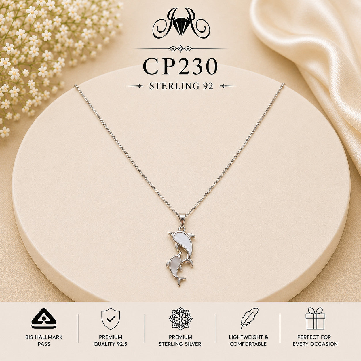 CP230 925 Sterling Silver Double Dolphin Pendant Chain portrait