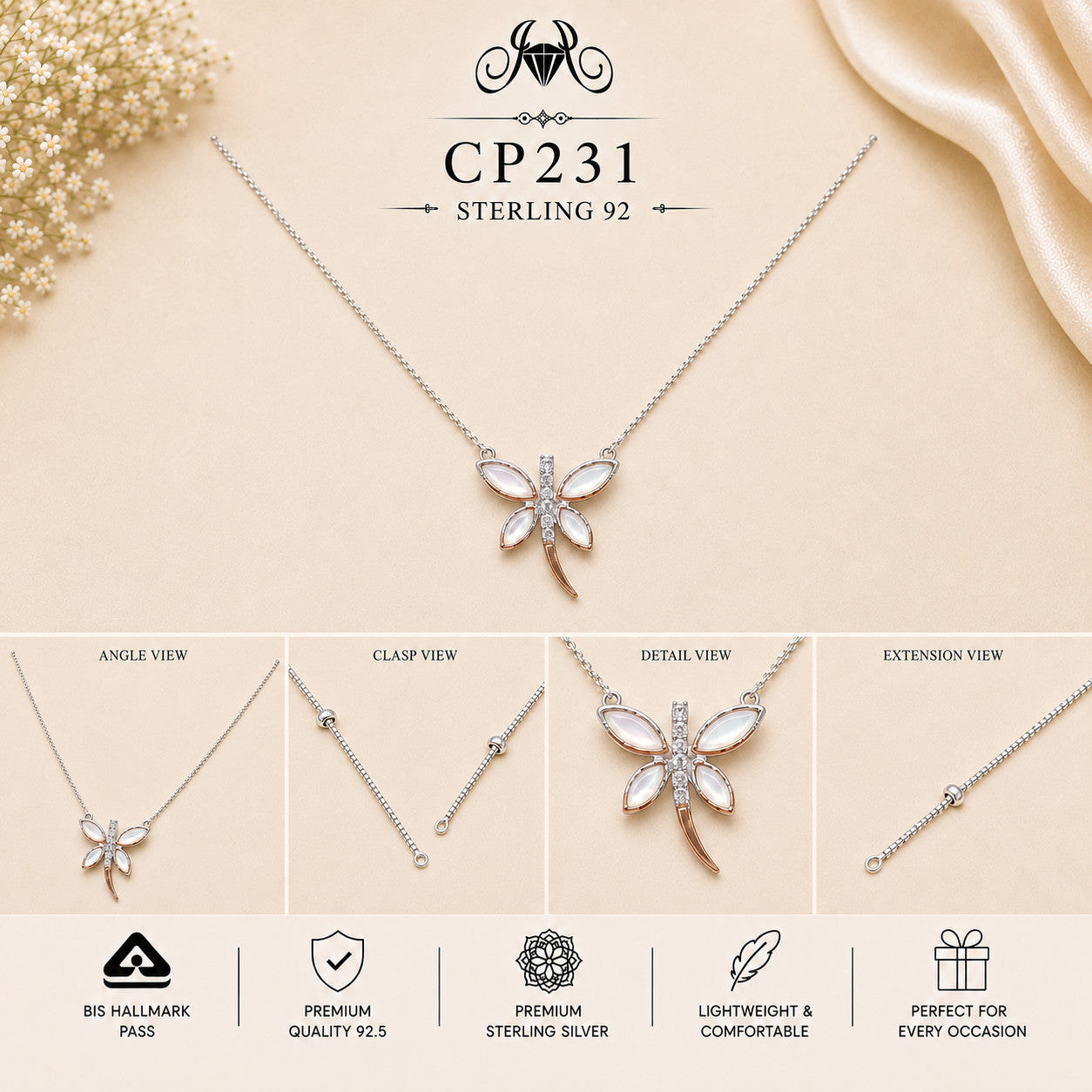 CP231 925 Sterling Silver Dragonfly Pendant Chain collage