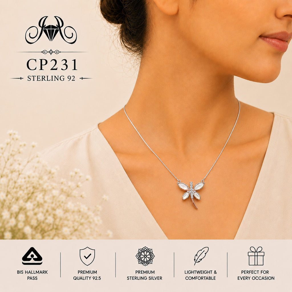 CP231 925 Sterling Silver Dragonfly Pendant Chain wearing