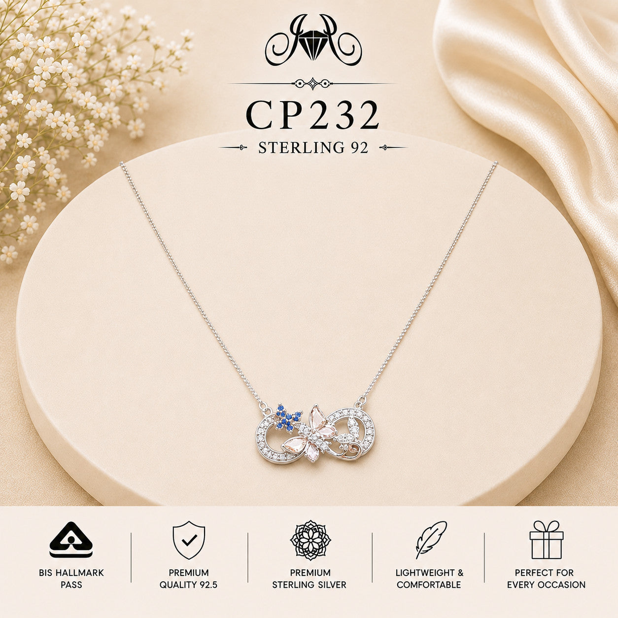 925 Sterling Silver Interlocking Crystal Rings Pendant Chain