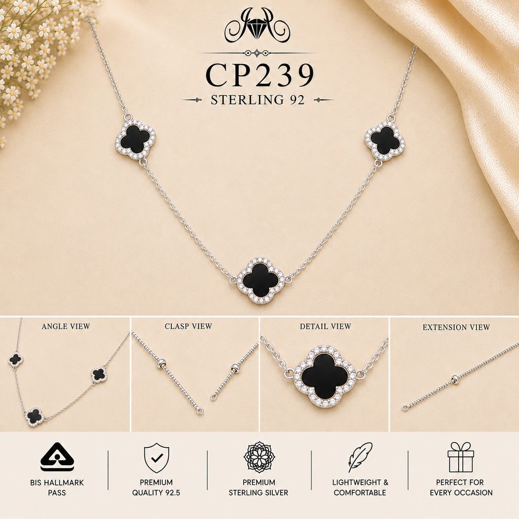 925 Sterling Silver Triple Black Clover Station Chain