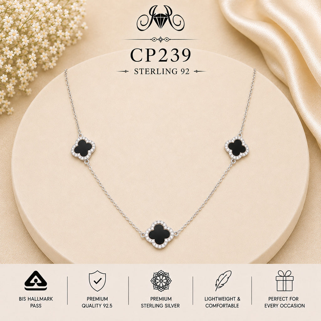 925 Sterling Silver Triple Black Clover Station Chain