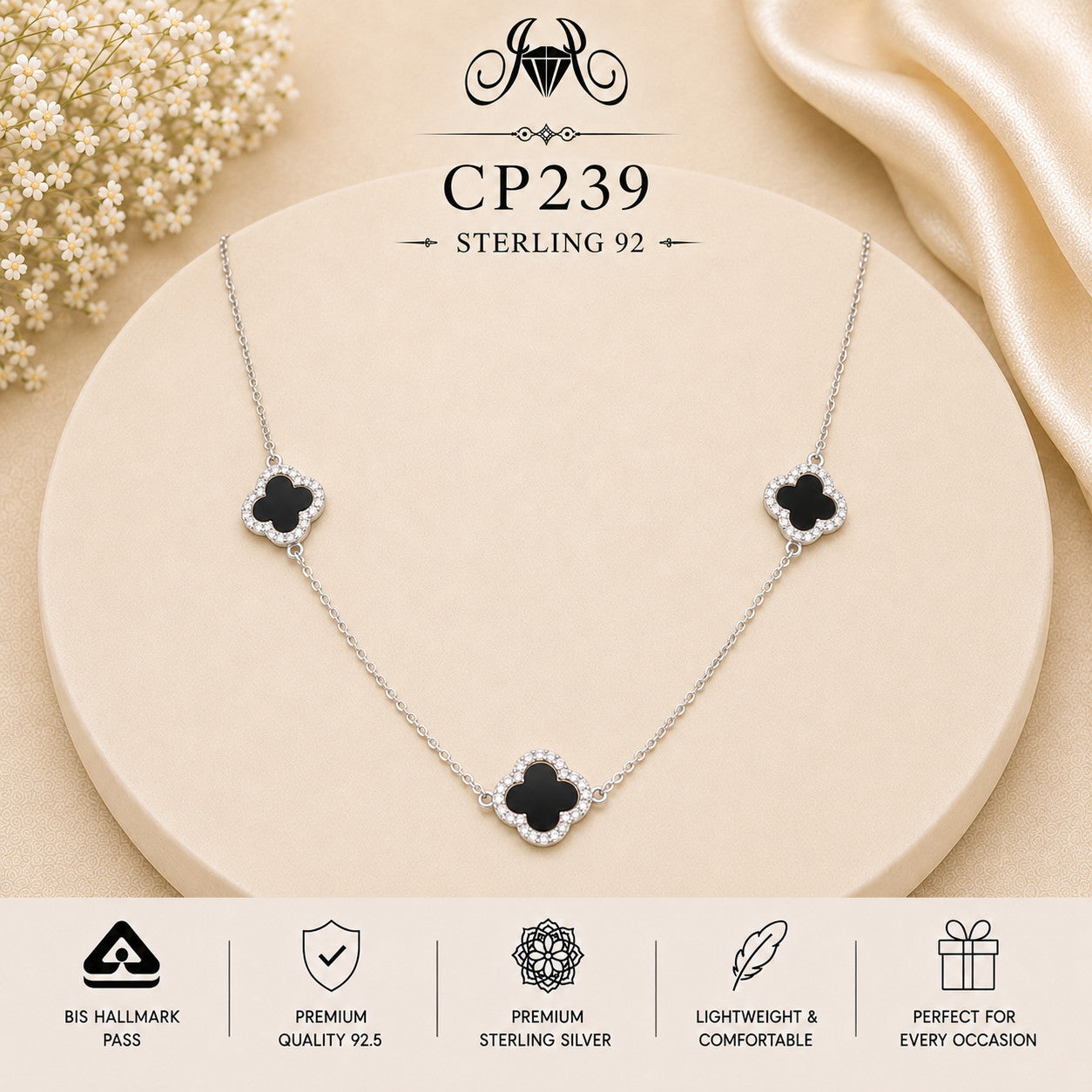 925 Sterling Silver Triple Black Clover Station Chain