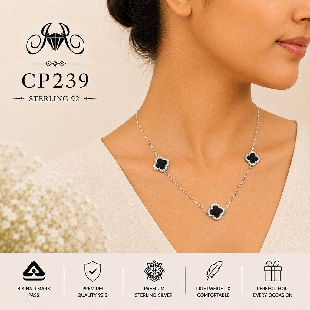 925 Sterling Silver Triple Black Clover Station Chain