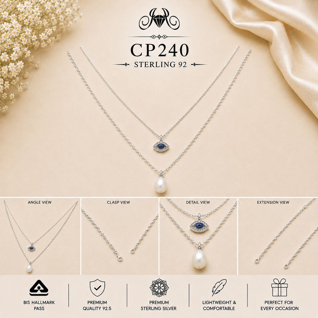 925 Sterling Silver Evil Eye & Pearl Layered Chain