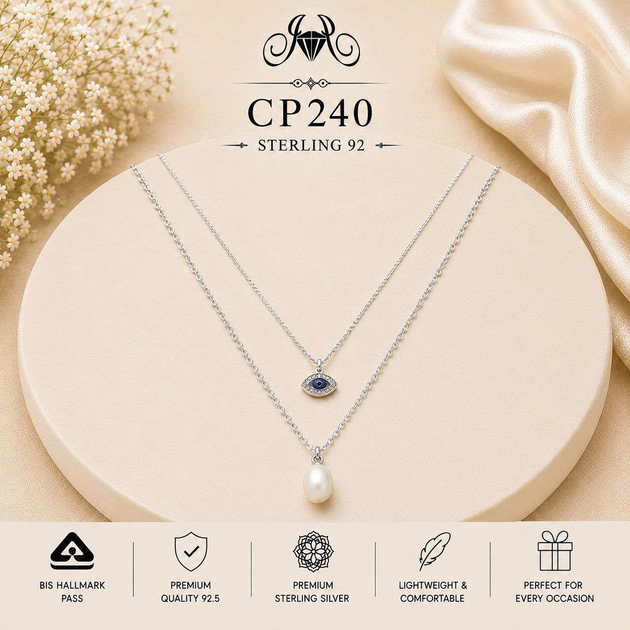 925 Sterling Silver Evil Eye & Pearl Layered Chain