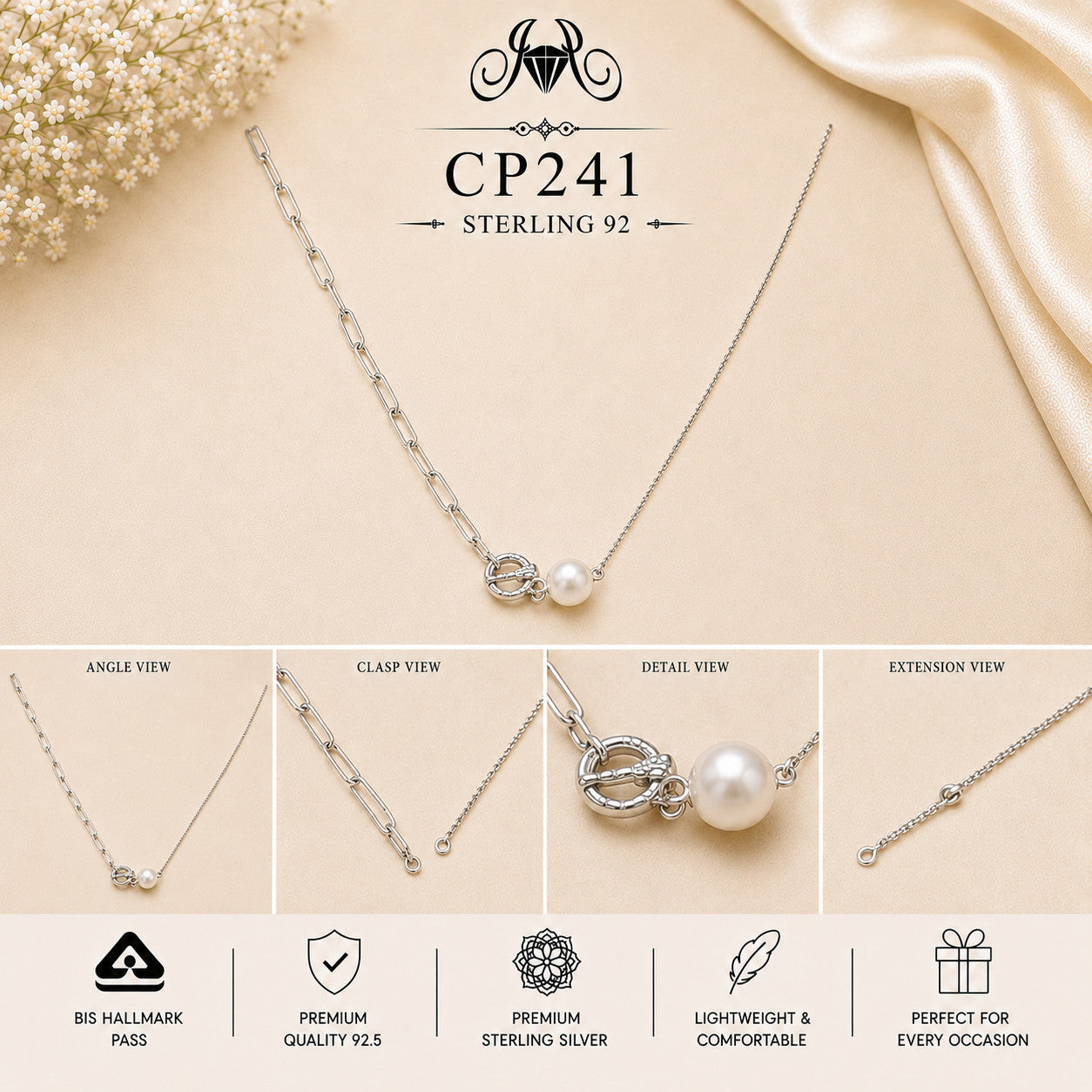 925 Sterling Silver Pearl & Knot Link Chain