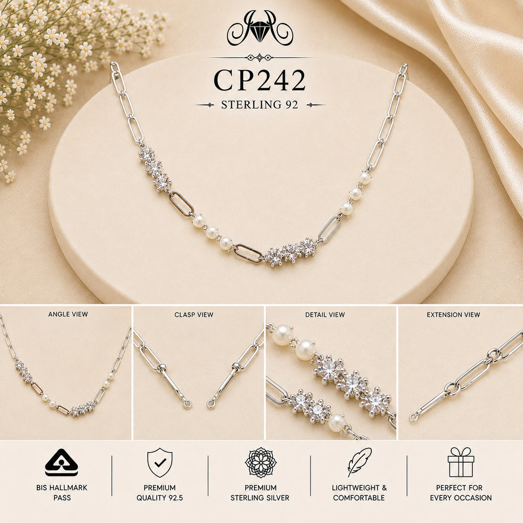 925 Sterling Silver Pearl & Crystal Mixed Link Chain