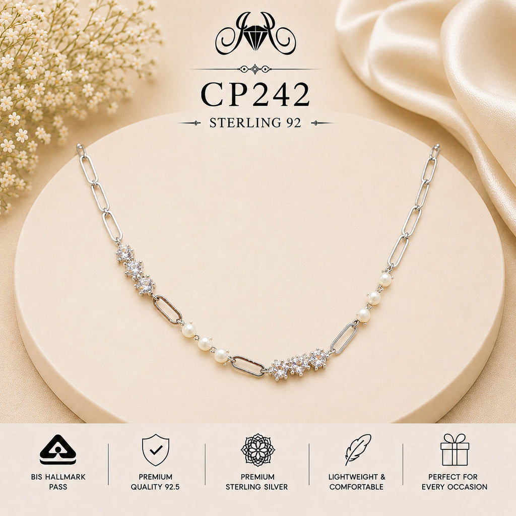 925 Sterling Silver Pearl & Crystal Mixed Link Chain