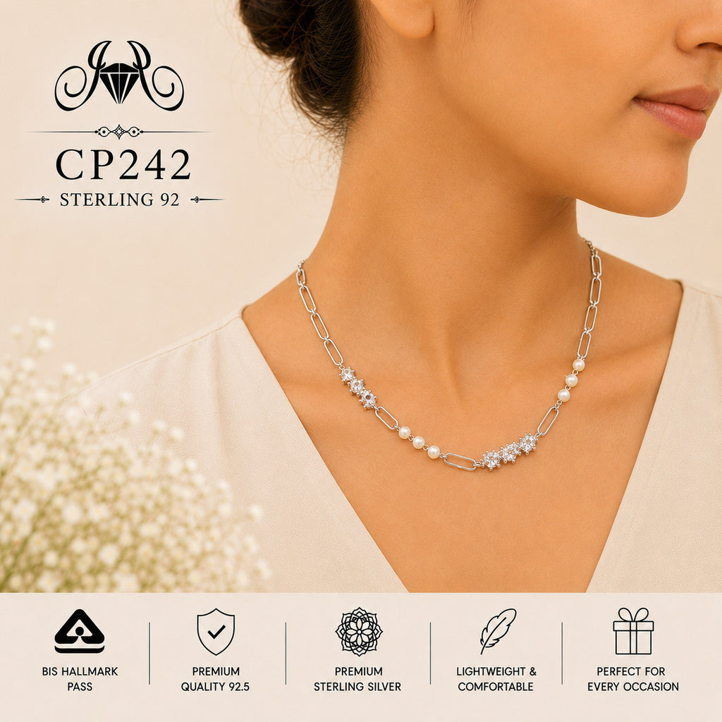 925 Sterling Silver Pearl & Crystal Mixed Link Chain