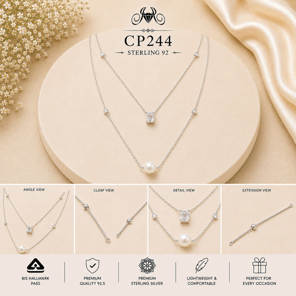 925 Sterling Silver Crystal & Pearl Layered Chain