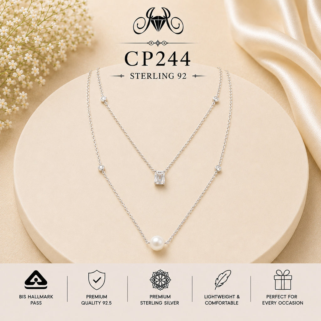 925 Sterling Silver Crystal & Pearl Layered Chain