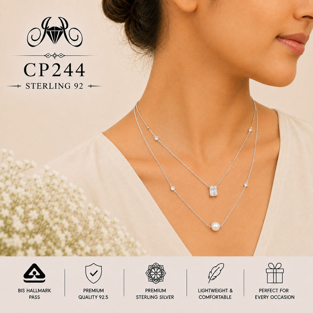925 Sterling Silver Crystal & Pearl Layered Chain