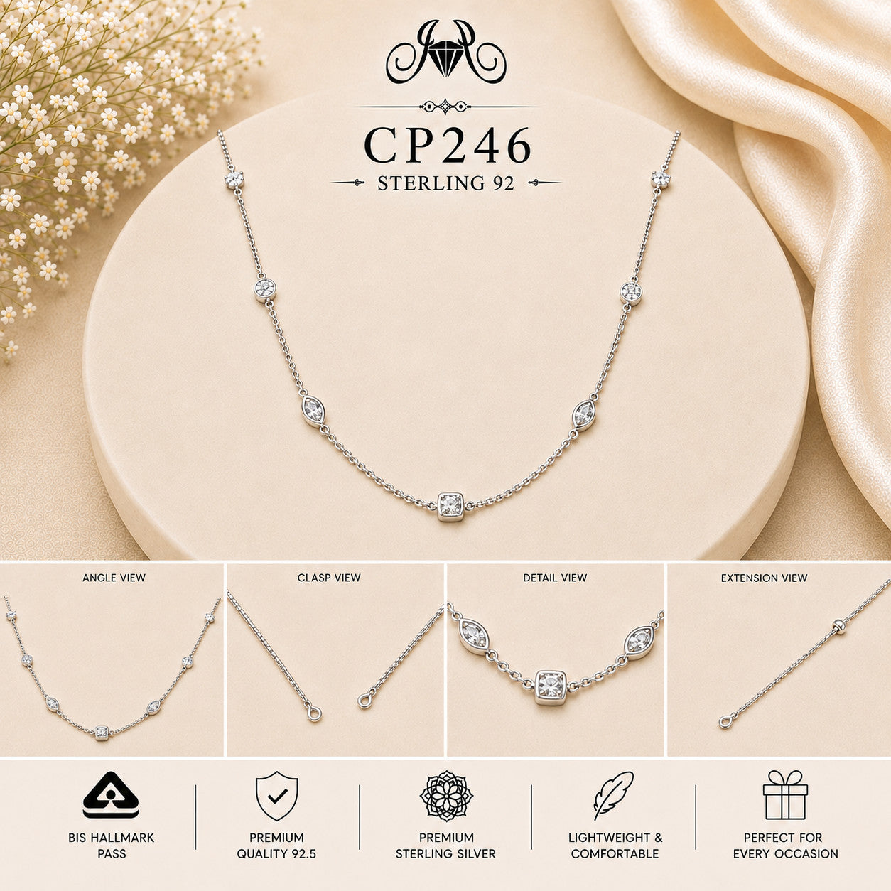 925 Sterling Silver Crystal Station Chain