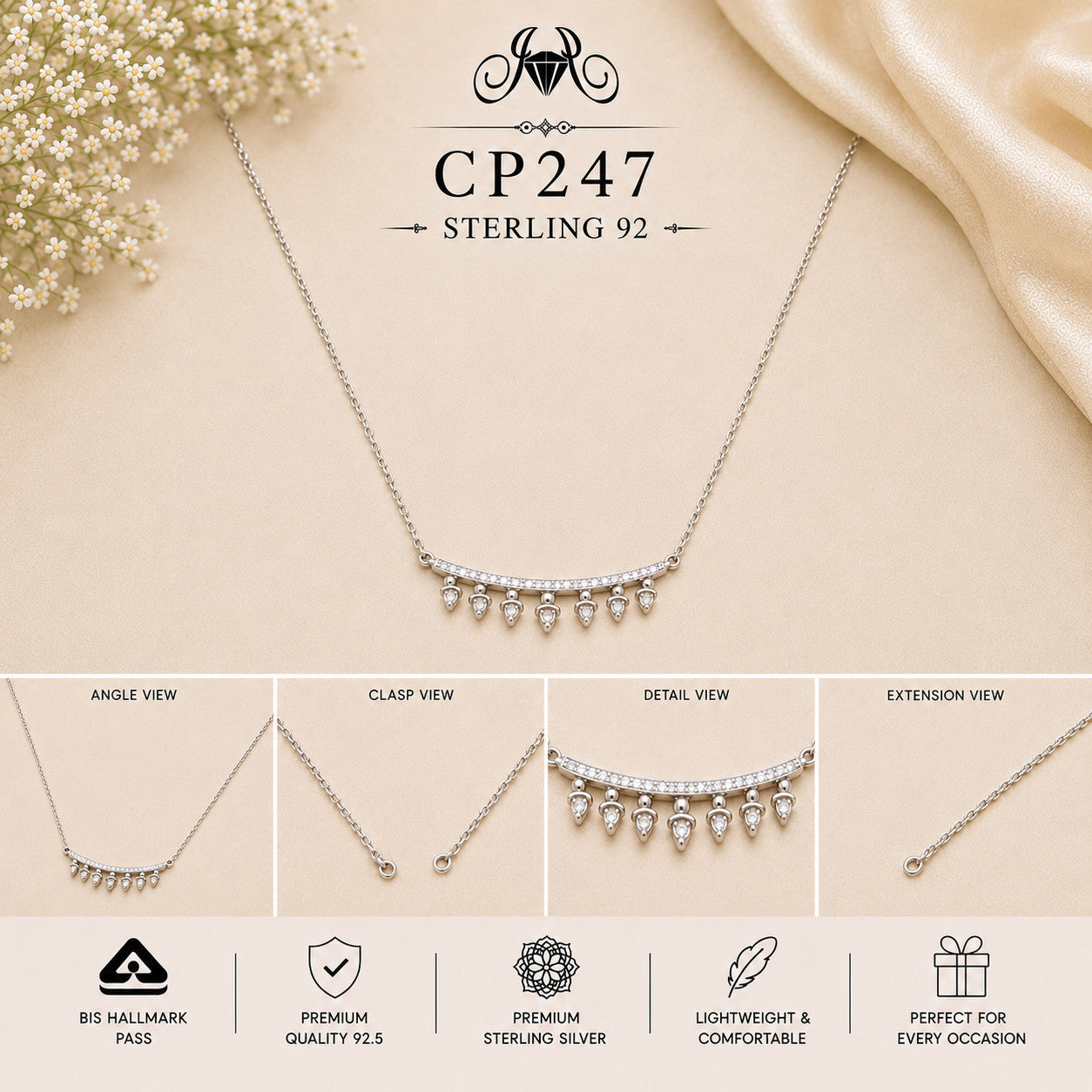 925 Sterling Silver Teardrop Fringe Bar Chain