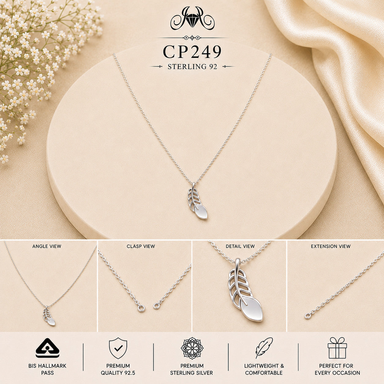 925 Sterling Silver Leaf & Teardrop Pendant Chain