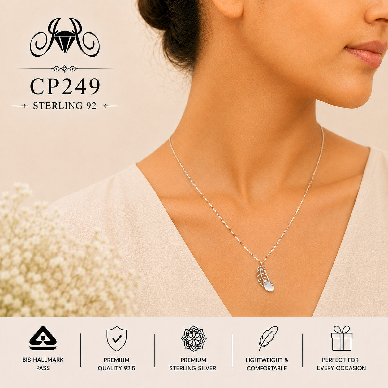 925 Sterling Silver Leaf & Teardrop Pendant Chain