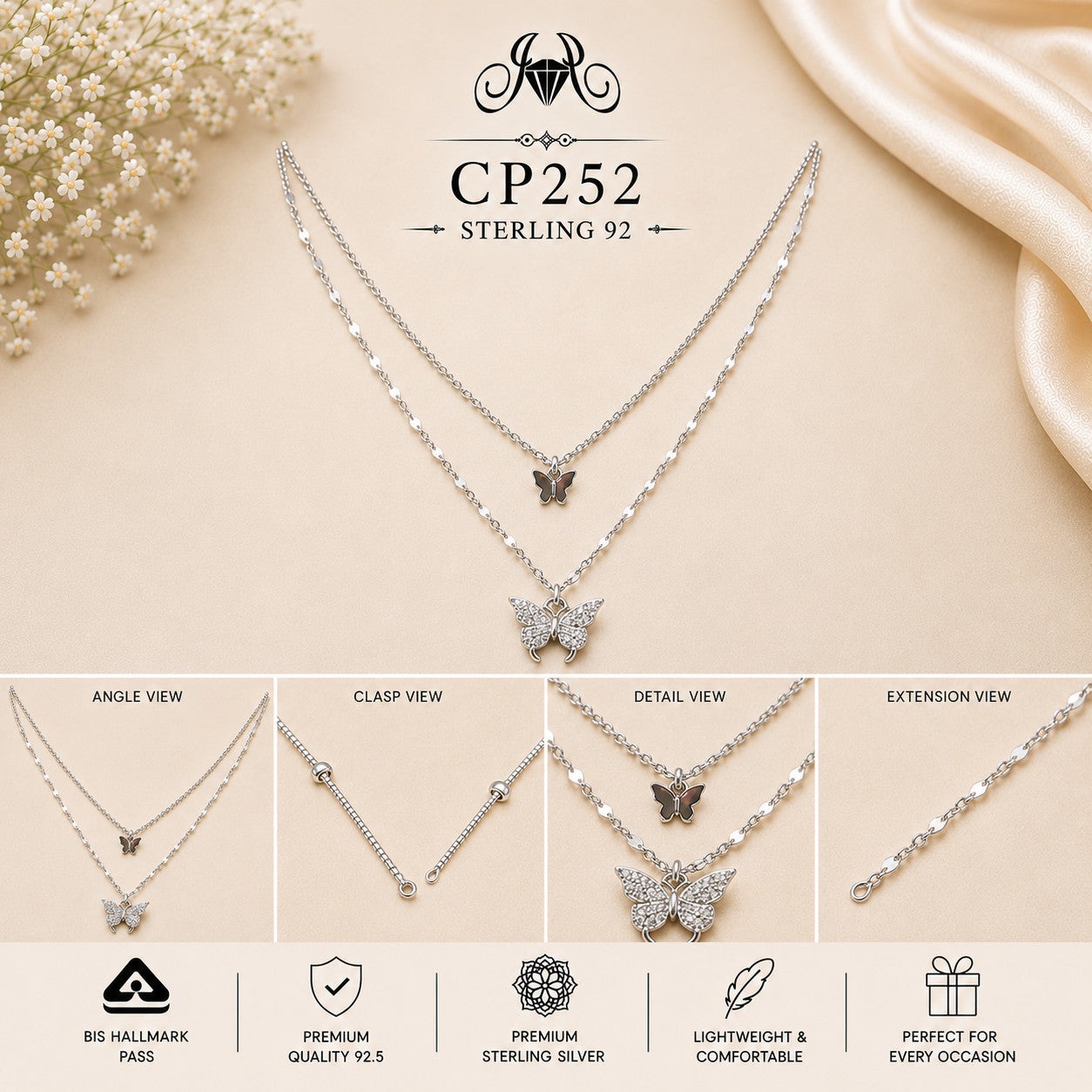 925 Sterling Silver Double Butterfly Layered Chain