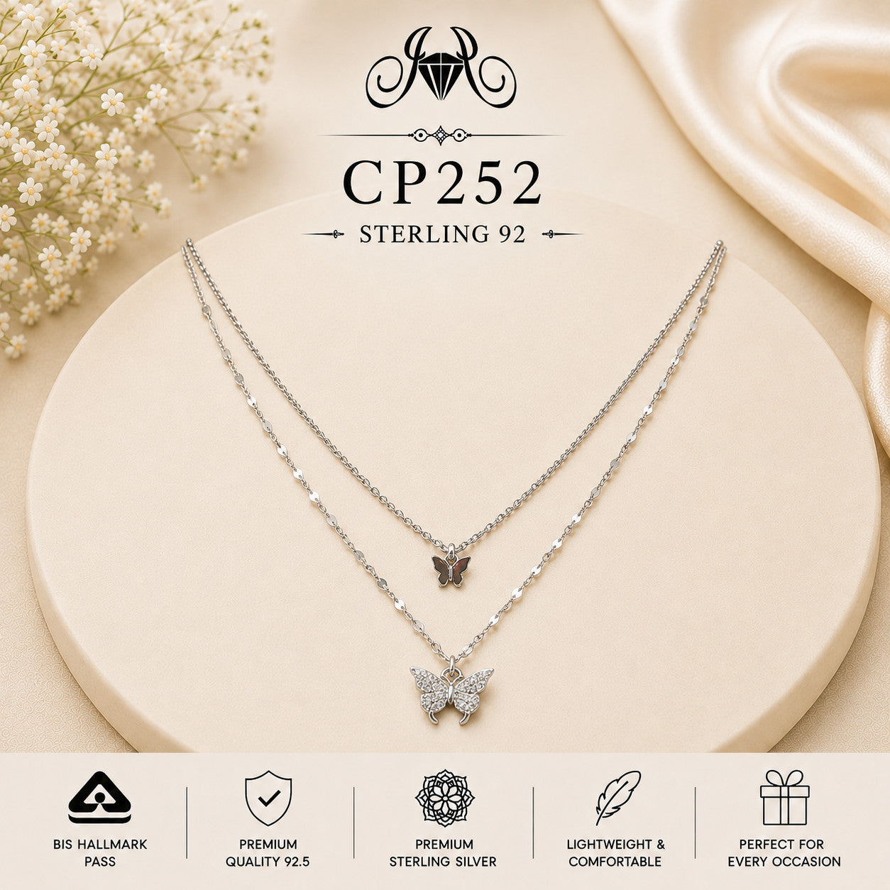 925 Sterling Silver Double Butterfly Layered Chain
