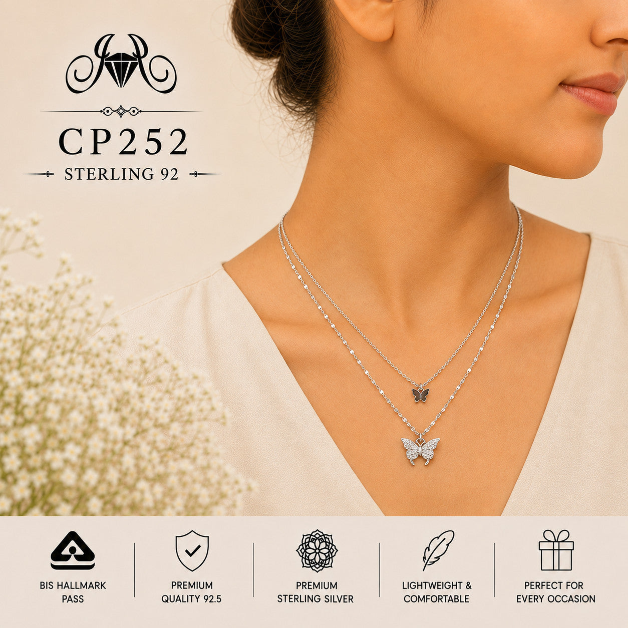925 Sterling Silver Double Butterfly Layered Chain