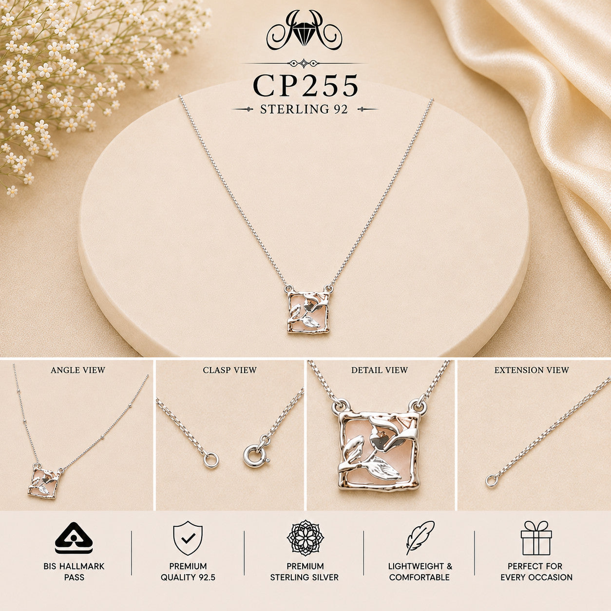 925 Sterling Silver Birds in Square Pendant Chain