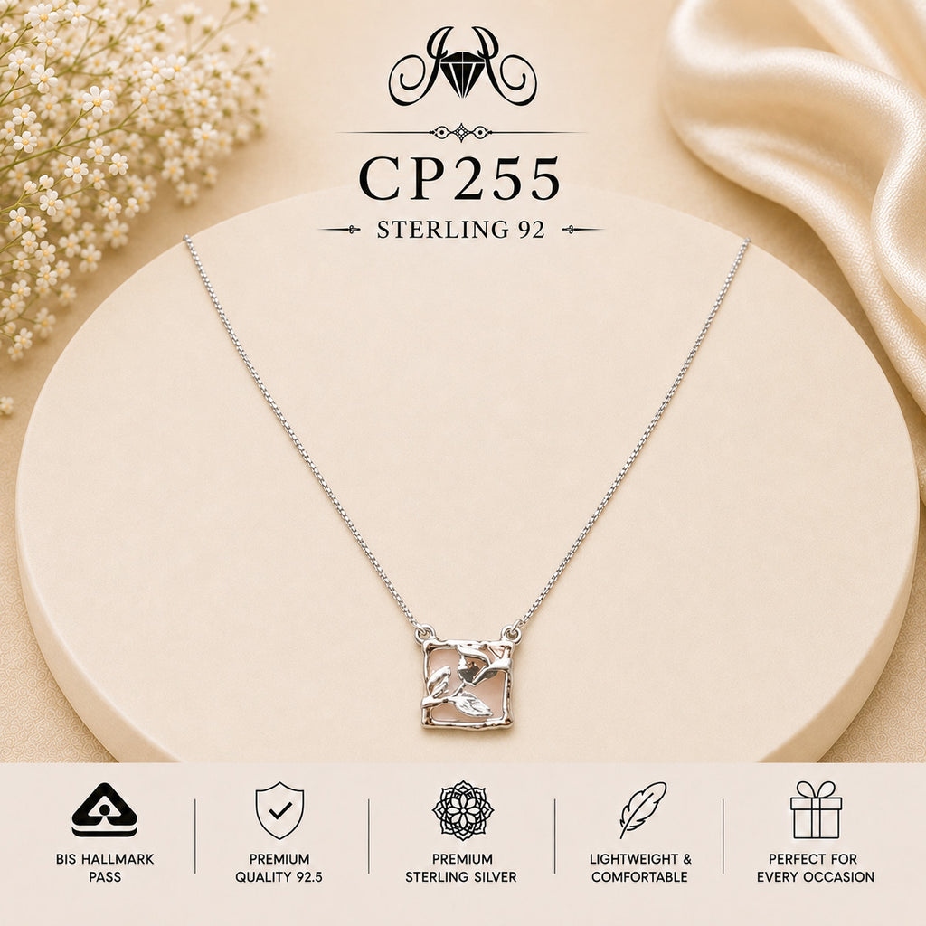 925 Sterling Silver Birds in Square Pendant Chain