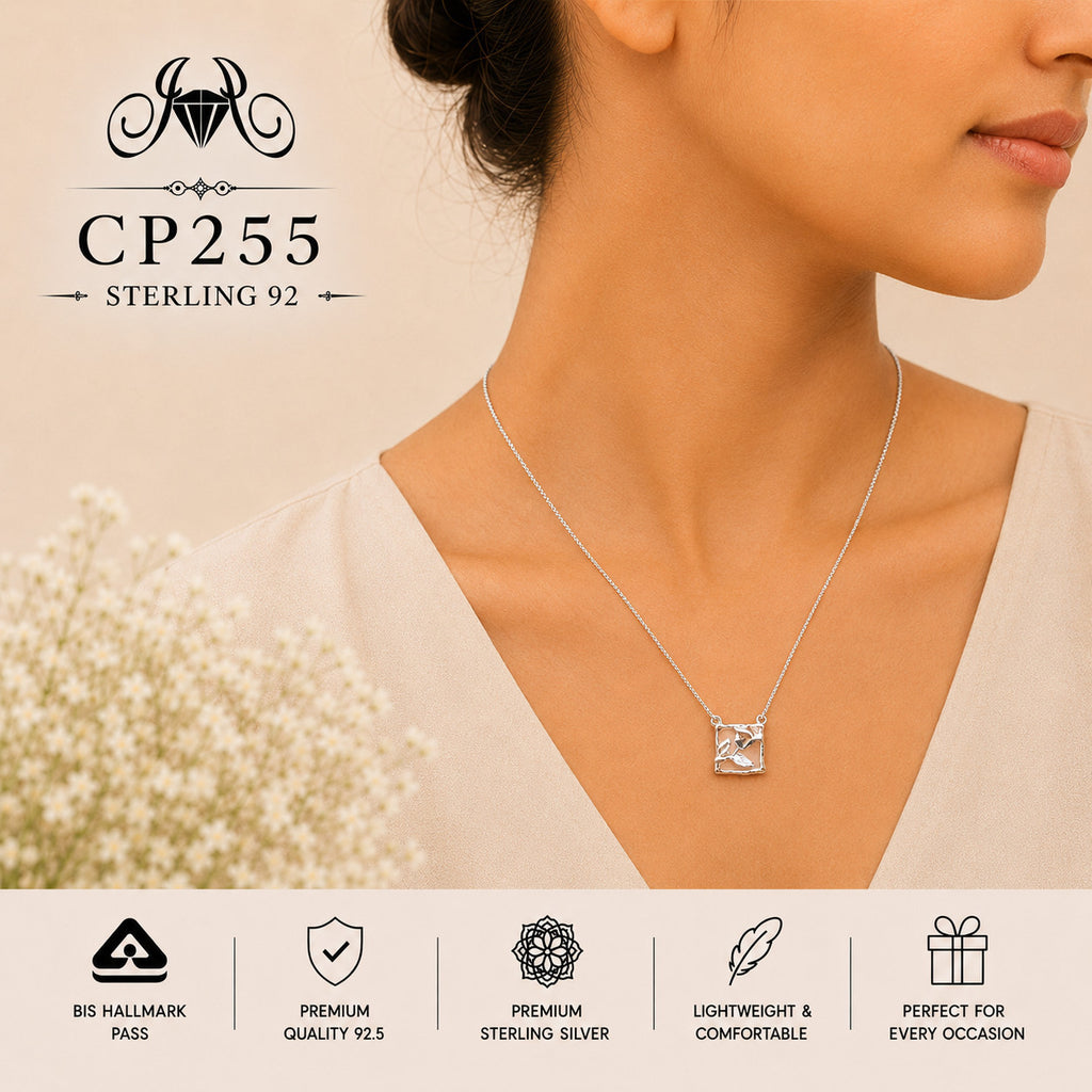 925 Sterling Silver Birds in Square Pendant Chain