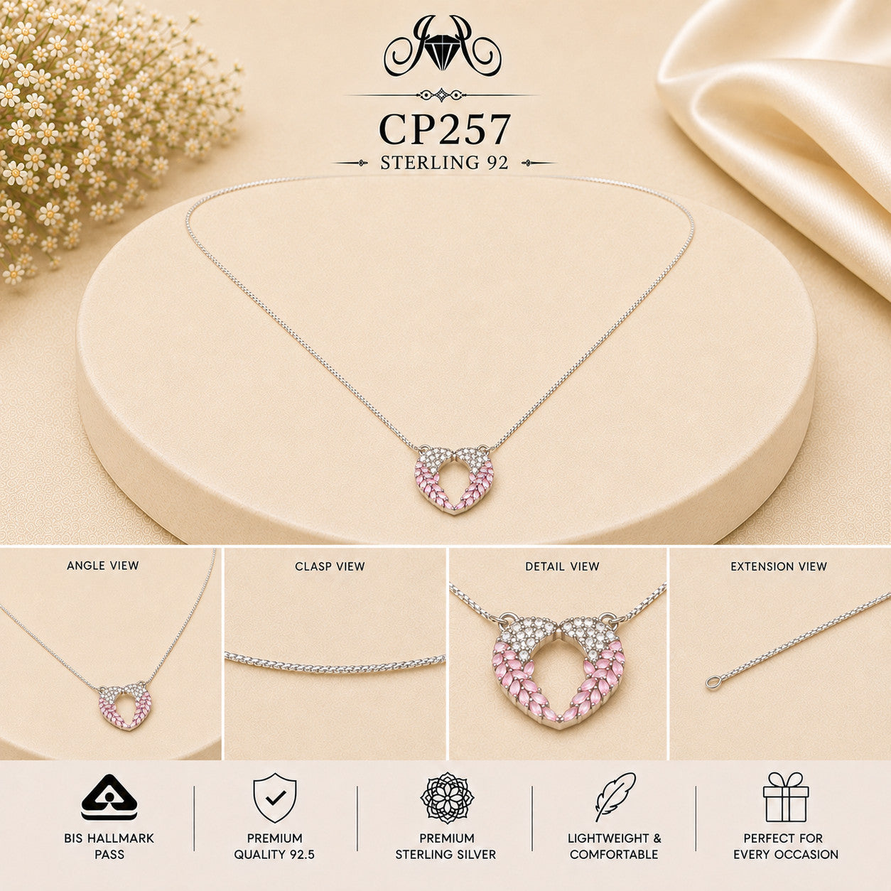 925 Sterling Silver Pink Crystal Heart Pendant Chain