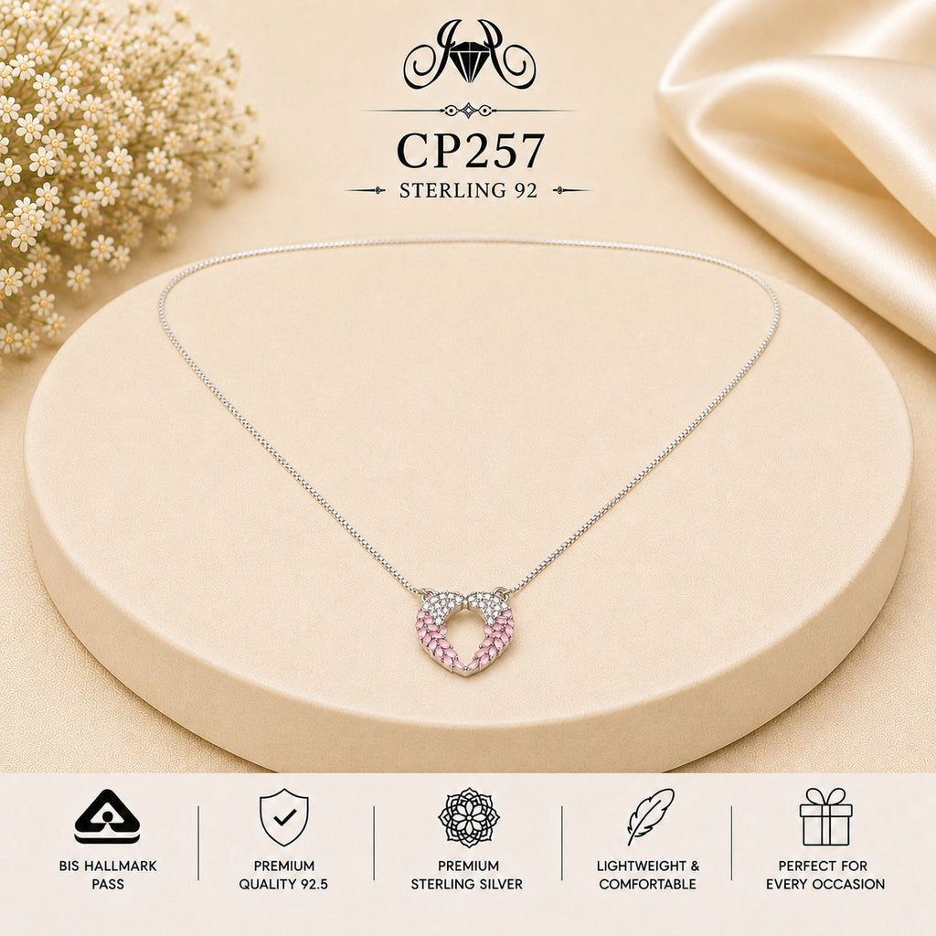 925 Sterling Silver Pink Crystal Heart Pendant Chain
